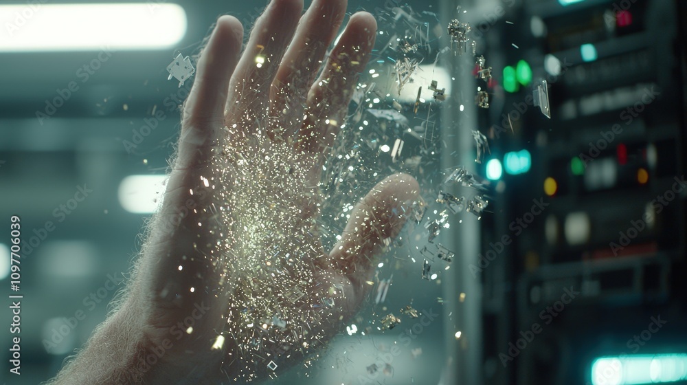Poster data disintegration abstract hand glittering tech particles
