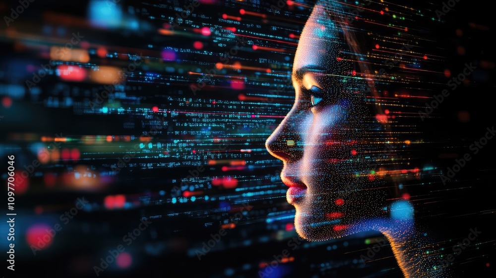 Poster pixelated human face forming through a mesh of data lines, with colorful digital light reflecting ar
