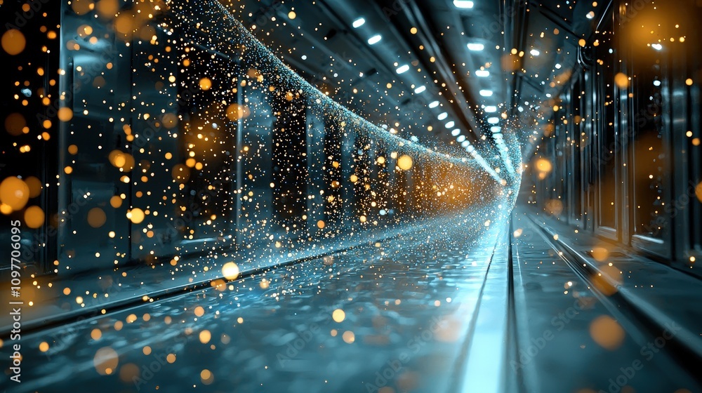 Aufkleber futuristic particle corridor abstract data stream digital technology glowing lights sc