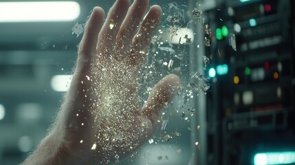 Fototapeta premium Data Disintegration Abstract Hand Glittering Tech Particles