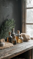 Rustic and Cozy Display of Vintage Glass Bottles with Aromatic Oils and Natural Ingredients Set Against a Dark Wall and Wintery Window View