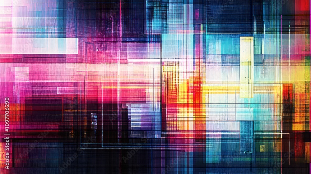 Poster pixelated static with neon color bars, scrambled patterns, and glitch overlays for a digital art vib