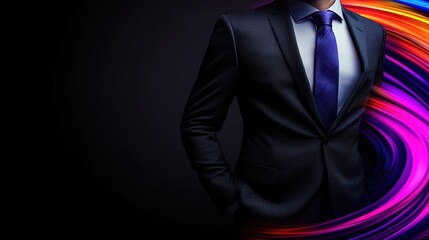 Modern businessman with holographic lines, abstract representation of corporate innovation and future technology