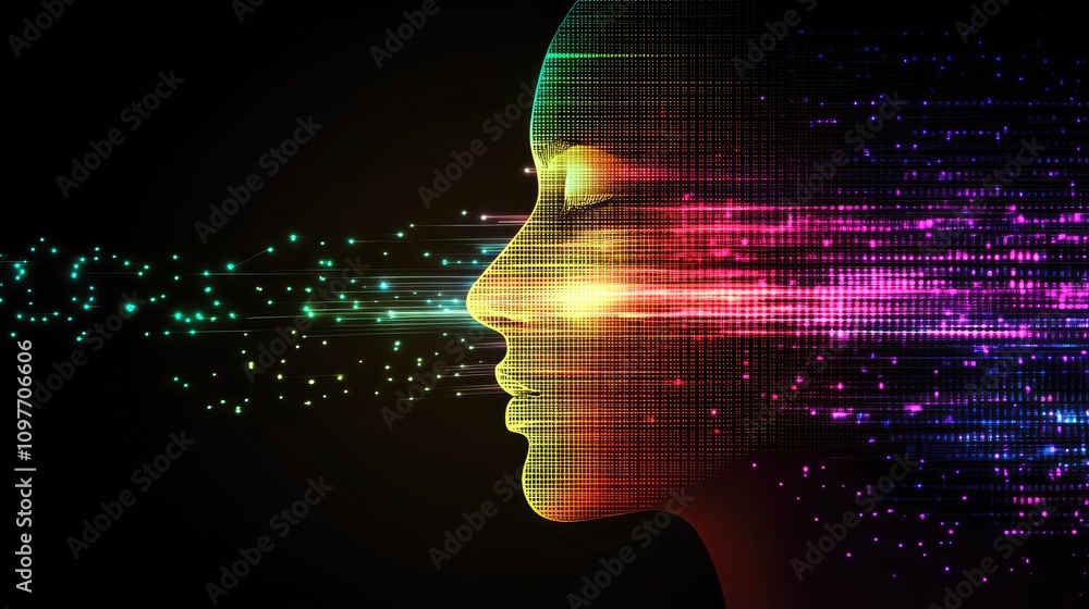 Poster pixelated human face forming through a mesh of data lines, with colorful digital light reflecting ar
