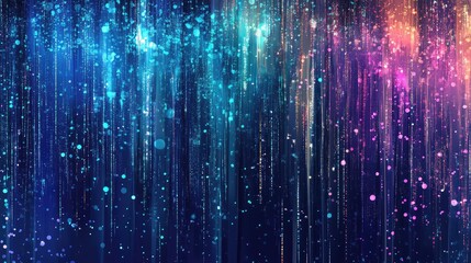 Obraz premium Pixels and data characters forming a rain effect, blending colors like electric blues and neon purples