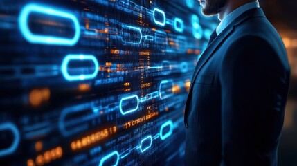 Businessman in suit analyzing data on digital screen, strategic decision making in the modern corporate world