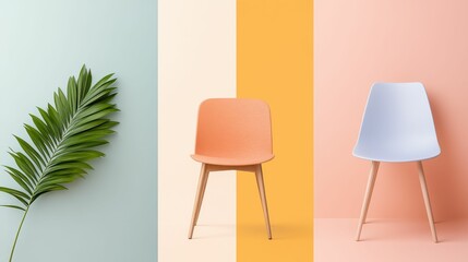 Fototapeta premium Three chairs are shown in a room with a green leaf in the background