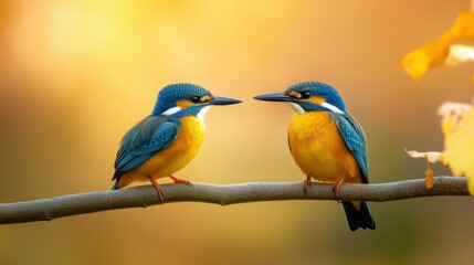 Fototapeta premium Two birds are perched on a branch, one blue and one yellow