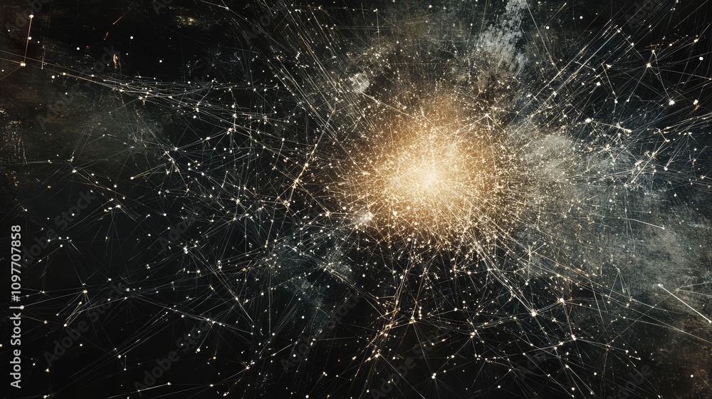 Poster pulsing light nodes connected by delicate lines, forming an intricate cyber data network against a h