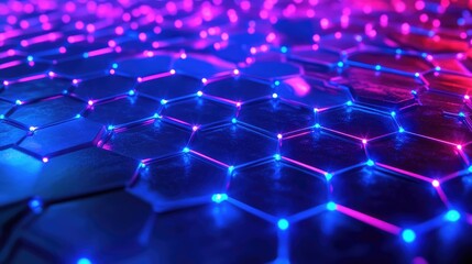 Fototapeta premium Quantum data lattice, with abstract particles connected in hexagonal patterns, glowing in neon blues and purples