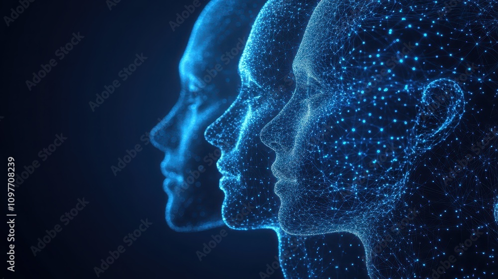 Poster three heads connected by glowing blue dots, visual representation of abstract connection and digital