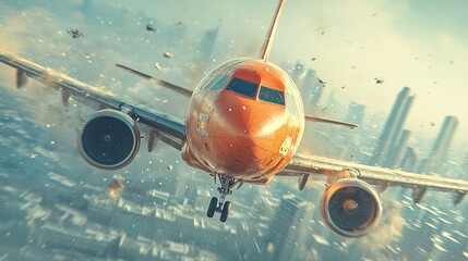 action shot, close up of an airplane flying across a clear blue sky, bahrain colors on the plane, bahrain skyline horizon background, 