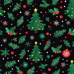 Obraz premium Festive Christmas seamless pattern with trees, snowflakes, berries, and ornaments on a black background.