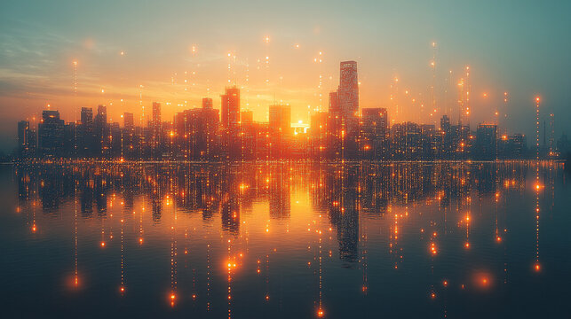 vibrant cityscape wallpaper with a creative, futuristic design showcasing an open sky with abstract elements and a space for mock-up text placement, representing innovation and boundless possibilities