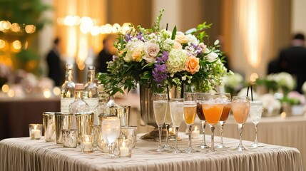 Elegant Cocktail Reception Setup with Floral Arrangement and Assorted Drinks Perfect for Celebrations, Events, and Parties in a Luxurious Venue