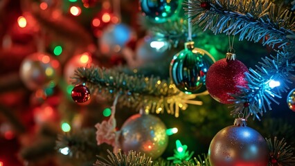 Close-up Sparkling Christmas Tree Ornaments, Lights & Tinsel