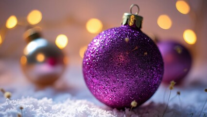 Fototapeta premium Glittery Purple Christmas Ornament on Snow, Festive Holiday Decoration