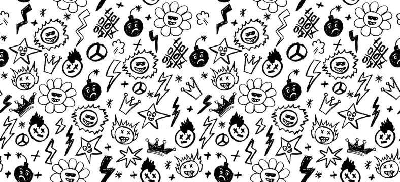 Grunge rock seamless pattern with doodle elements. Wax pencil drawing face with tongue out, cartoon thunderbolt like children pen drawing and other rock n roll style black color vector elements