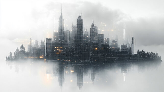 vibrant cityscape wallpaper with a creative, futuristic design showcasing an open sky with abstract elements and a space for mock-up text placement, representing innovation and boundless possibilities