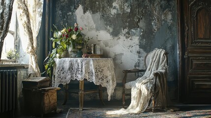 Charming Vintage Interior Scene with Elegant Lace Tablecloth, Antique Furniture, Beautiful Floral Arrangement, and Weathered Walls in Soft Natural Light