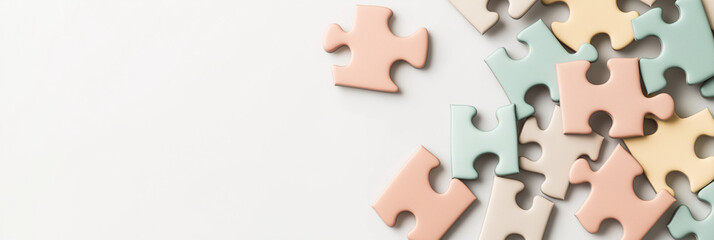 A collection of pastel-toned puzzle pieces lies scattered across a white background, symbolizing complexity, connection, and thought amid a vibrant yet minimalistic scene.