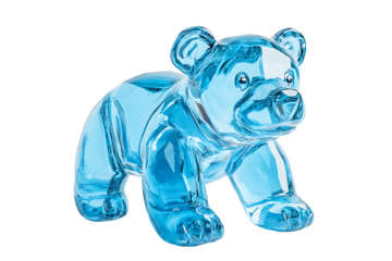 Set of a 3D render of a blue glass bear, isolated on a transparent background.