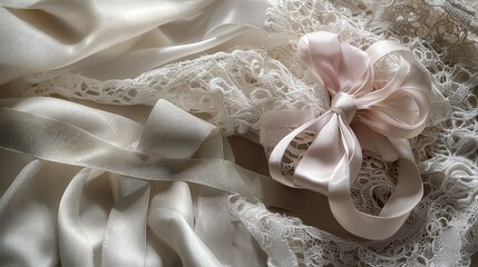 Delicate Textures of Ivory Satin Ribbon, Soft Lace, and Pink Bow on Elegant Background Creating a Romantic and Serene Atmosphere for Wedding Decor or Fashion Design