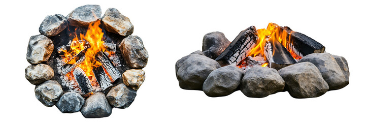 Set of a campfire with rocks around the fire, isolated on a transparent background.