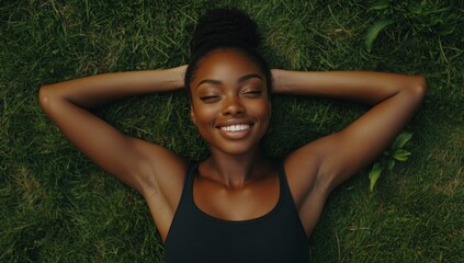 Aerial View of Beautiful Black Woman Smiling and Laying on Grass with Hands Behind Head, Tank Top