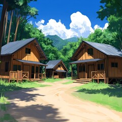 Fototapeta premium Idyllic wooden cabins nestled in a lush green forest valley, sunny day.