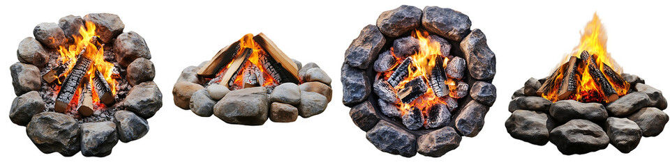Set of a campfire with rocks around the fire, isolated on a transparent background.