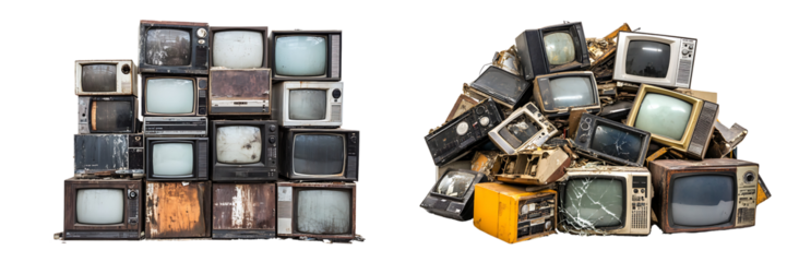 Set of a pile of old retro TVs, isolated on a transparent background.