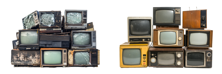 Set of a pile of old retro TVs, isolated on a transparent background..