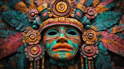 Naklejka premium Vibrant and Intricate Aztec Mask Sculpture with Colorful Feathers and Elaborate Patterns, Capturing the Spirit of Ancient Mesoamerican Culture and Artistry