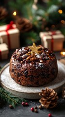 Christmas pudding, festive and bright, showcasing holiday spirit against a backdrop of wrapped gifts and holiday decorations.