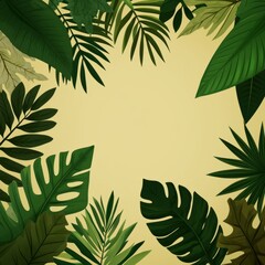 Fototapeta premium Lush green tropical leaves frame a beige background.