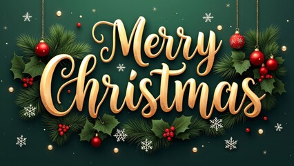 Merry Christmas! Golden Lettering with Festive Greenery and Ornaments