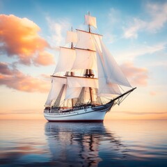 Majestic sailing ship at sunset, calm sea, white sails, golden sky.