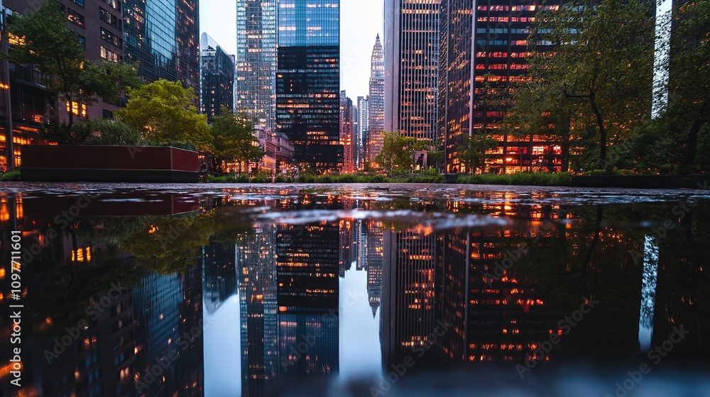 Poster symmetrical reflections of skyscrapers in a calm water body.