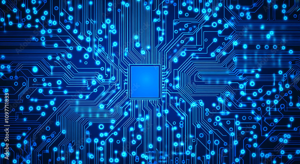 Poster Abstract representation of a microchip on a blue circuit board with glowing connections and detailed circuitry design