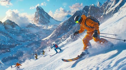 skiers in orange jackets skiing down a snowy mountain slope