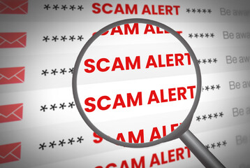 Scam alert in email list style with magnify glass zooming on the red typography. Online scams concept backdrop