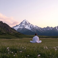 Man meditating in serene mountain landscape at sunset.