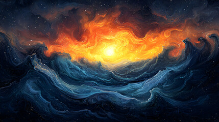 Fototapeta premium Vibrant Ocean Sunset with Dramatic Swirling Clouds and Reflective Waters in Abstract Art