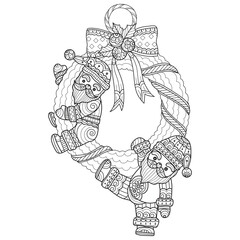 Cute Santa on a wreath hand drawn for adult coloring book