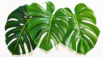 Tropical monstera leaves with deep shadows on a matte white surface.