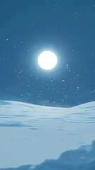 Ethereal Winter Night Landscape with Bright Full Moon Illuminating Snow-Covered Terrain Under a Sky Full of Stars, Perfect for Calm and Dreamy Moods