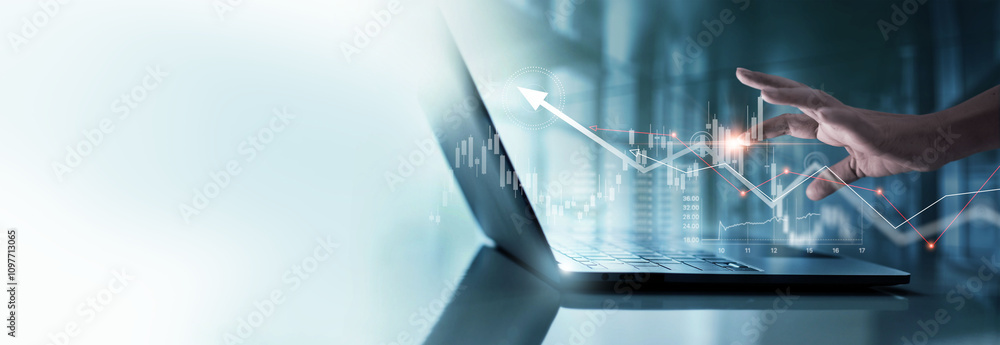 Aufkleber businessman analysis and checking graph growth of stock market and financial chart data on laptop. i