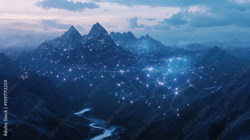 Poster serene mountain landscape with glowing data points and connecting lines overlaying peaks and valleys