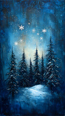 Serene Winter Wonderland Under a Starry Sky with Snow-Covered Pine Trees